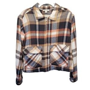 Beach Lunch Lounge Fall Brown Plaid Flannel Shacket Zip Jacket Womens XS Small